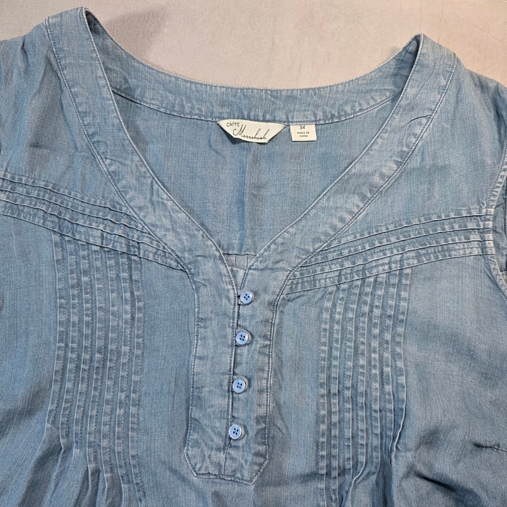 Caffe Marrakesh Womens 3X Blue Lyocell Pintuck Sleeveless Chambray Blouse Top *